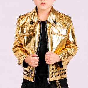 Chaqueta infantil con tachuelas, chaqueta infantil dorada estilo motociclista, chaqueta de disfraz de estrella de rock para niños, atuendo para actuaciones en el escenario.