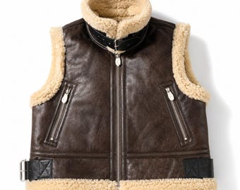 Kids Shearling Aviator Vest, Brown Faux Leather Look Zip-Up Vest for Girls, Winter Layering Vest with Buckle Collar and Zip Pockets