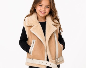 Gilet da aviatore in montone per bambina, gilet da motociclista senza maniche in vera pelle, capospalla foderato in sherpa per bambini, gilet a strati con cintura e cerniera frontale
