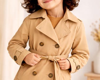 Gabardina elegante beige para niños con cinturón y doble cierre.