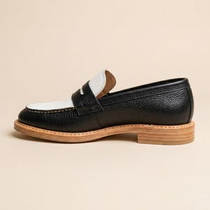 Handmade Two-Tone Leather Loafers: Black Pebbled & White Smooth Spectator Shoes