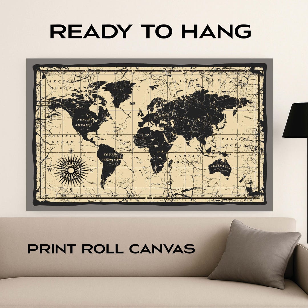 Vintage World Map Canvas Print: Retro Wall Art Decor - Etsy