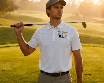 Voel het. Zie het onder ogen. Bevrijd het. – Performance-golfpolo heren | Motiverend atletisch shirt met Phoenix-print