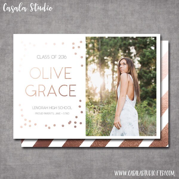 Confetti Rose Gold Graduation Senior Announcement Card Photo Card Photoshop Template Photographers PSD Printable