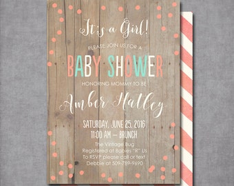 Rustic Chic Baby Shower Bridal Shower Invitation Mint Peach Printable or Professionally Printed Cards 5x7
