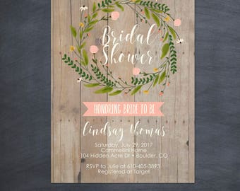 Rustic Watercolor Floral Wreath Baby Shower Bridal Shower Invitation Invite Printable Card