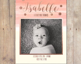 Watercolor Confetti Rose Gold Birth Announcement Card Custom Photo Card 5x7 Professionally printed cards or Printable