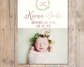 Botanical Wreath Birth Announcement Card Custom Photo Card Photoshop Template PSD Photographers Printable