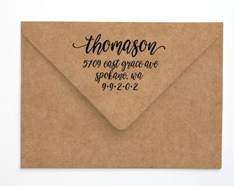 Whimsical Calligraphy Wood Address Stamp or Clear Address Labels