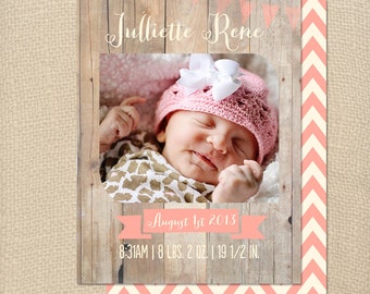 Rustic Wood Calligraphy Shabby Chic Birth Baby Announcement Pink Chevron