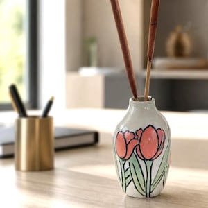 Hand Carved Tulip Stoneware Bud Vase | Artisan Floral Pottery Home Decor