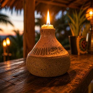 May include: A ceramic oil lamp with a wide, rounded base and a narrow neck. The bottom half features a speckled, textured beige finish, while the top half is smooth and cream-colored with vertical etched lines. A bright flame burns from the center.