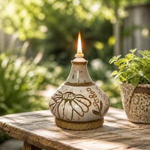 May include: A ceramic oil lamp with a rounded base and a narrow neck, featuring hand-painted brown floral designs on a cream-colored glaze. The lamp has a lit wick at the top and sits on a textured, unglazed base with a rough, sandy appearance.