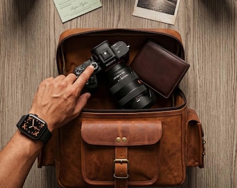 Bolsa de couro artesanal personalizada para câmeras DSLR e mirrorless | Bolsa transversal vintage, presente ideal para fotógrafos (homens e mulheres).
