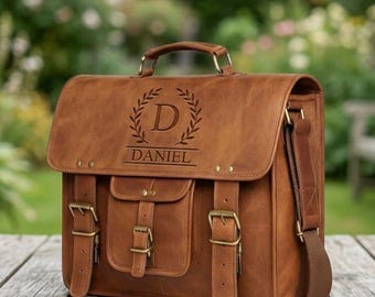 Personalized Leather Messenger Bag for Men, Monogram Briefcase, Handmade Work Satchel, Laptop Office Bag