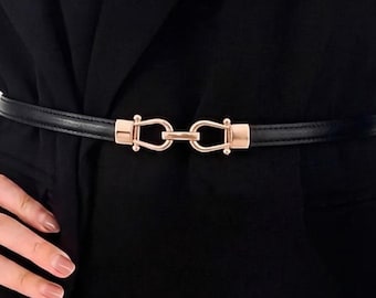 Minimalist Women’s Skinny Leather Belt, Gold Horsebit Buckle Belt, Thin Leather Waist Belt, Elegant Dress Pants Belt, Gift for Her