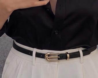 Minimalist Women’s Skinny Leather Belt, Gold Horsebit Buckle Belt, Thin Leather Waist Belt, Elegant Dress Pants Belt, Gift for Her