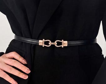 Minimalist Women’s Skinny Leather Belt, Gold Horsebit Buckle Belt, Thin Leather Waist Belt, Elegant Dress Pants Belt, Gift for Her