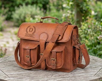 Personalized Leather Messenger Bag for Men, Monogram Briefcase, Handmade Work Satchel, Laptop Office Bag