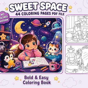 May include: A digital coloring book titled SWEET SPACE 44 COLORING PAGES PDF FILE featuring a central illustration of a person with headphones drawing in a book, surrounded by space elements, a penguin, and a cat in a helmet, plus two black and white line art samples.