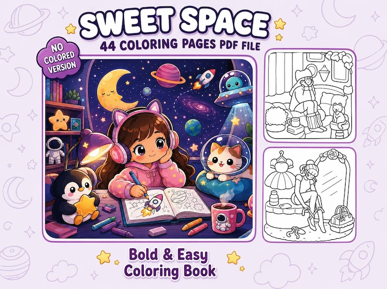 May include: A digital coloring book titled SWEET SPACE 44 COLORING PAGES PDF FILE featuring a central illustration of a person with headphones drawing in a book, surrounded by space elements, a penguin, and a cat in a helmet, plus two black and white line art samples.