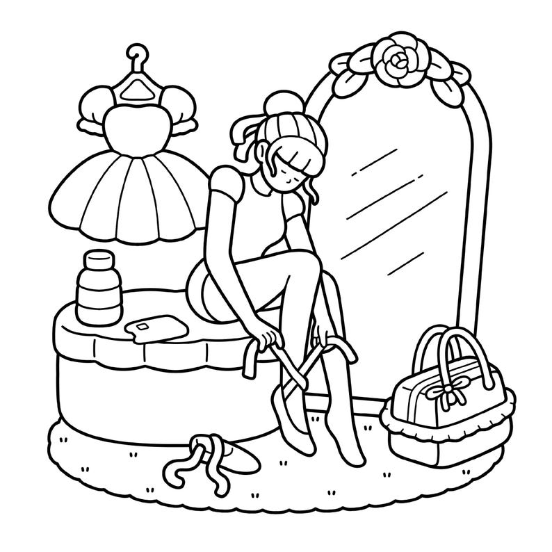 May include: A black and white line art illustration featuring a person sitting on a stool, tying ribbons on ballet slippers. Nearby are a dress on a hanger, a mirror with a rose detail, a small bottle, a rectangular object, and a handbag.