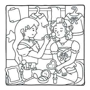 May include: A black and white line art illustration of two individuals engaged in a beauty routine. One individual applies makeup with a brush to the other, who wears hair rollers. The scene includes a vanity with a mirror, brushes, and lipstick.