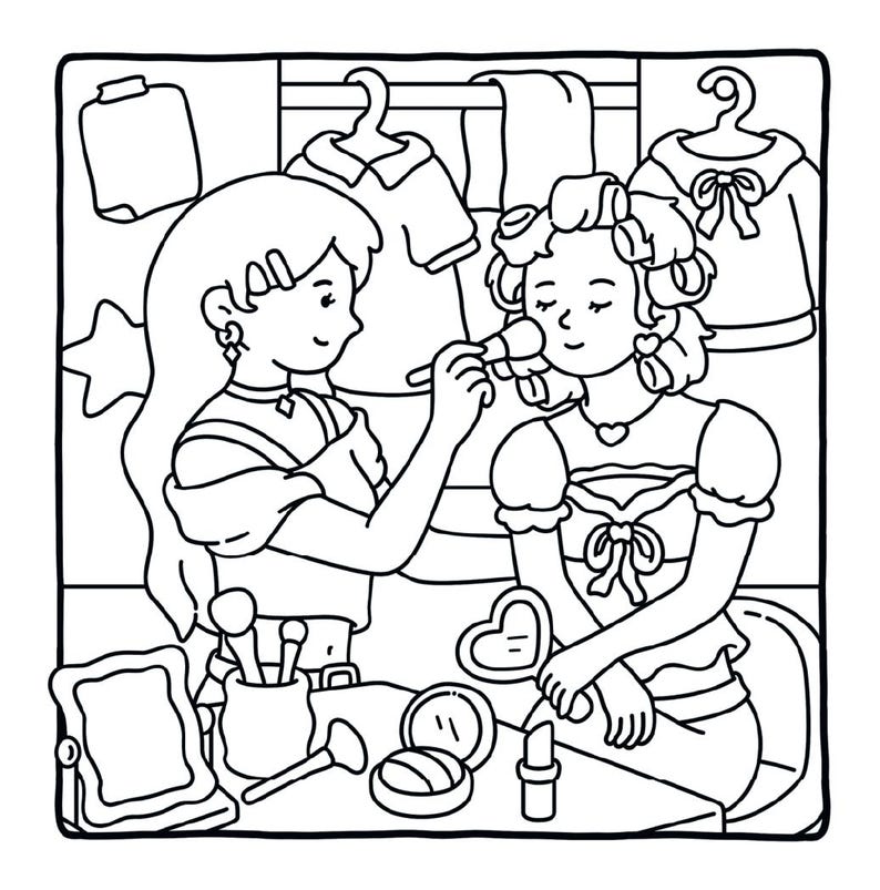May include: A black and white line art illustration of two individuals engaged in a beauty routine. One individual applies makeup with a brush to the other, who wears hair rollers. The scene includes a vanity with a mirror, brushes, and lipstick.