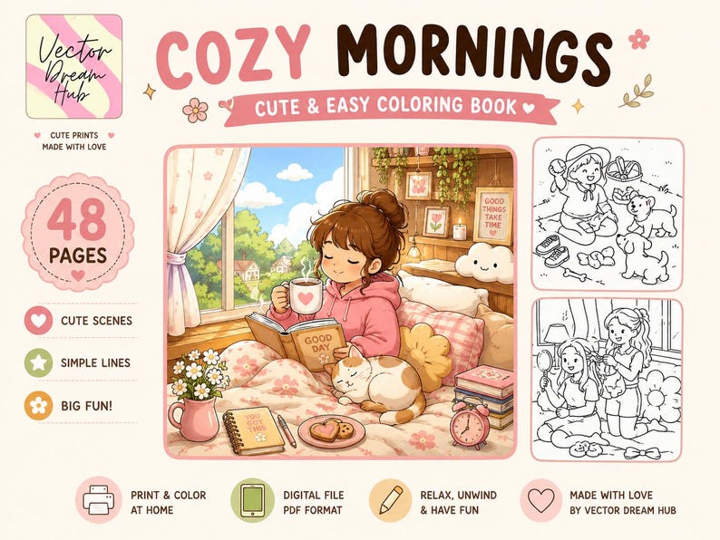 50 Cozy Coloring Books Bundle, 2000+ Coloring Pages PDF, Bold Easy Coloring Book, Cute Kawaii Coloring Pages,Printable Adult Coloring Bundle image 4