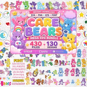 Può includere: Un pacchetto grafico scaricabile digitalmente con i Care Bears. Il design include le parole "Care Bears" in grandi lettere colorate, circondate da vari personaggi, icone e il testo "MEGA SVG BUNDLE". Il pacchetto include 430 file e 130 design.