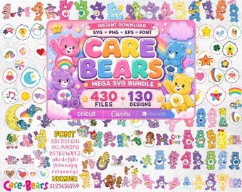 Care Bears SVG-paket, Care Bear PNG Clipart, söt björn SVG-filer för Cricut, silhuettklippfiler, kawaii tecknad megapaket