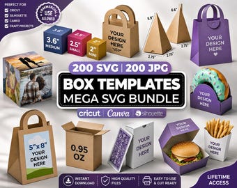 Lådmall SVG-paket, förpacknings-SVG-filer för Cricut, presentaskmallpaket, presentask-SVG, godisask PNG, utskrivbara lådmönster