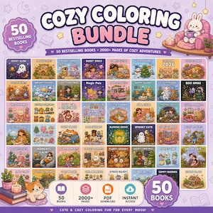 May include: A digital bundle of 50 coloring books featuring over 2000 pages of illustrations. The graphic displays the text COZY COLORING BUNDLE, 50 BESTSELLING BOOKS, and 2000+ PAGES OF COZY ADVENTURES, showcasing various colorful cartoon scenes.