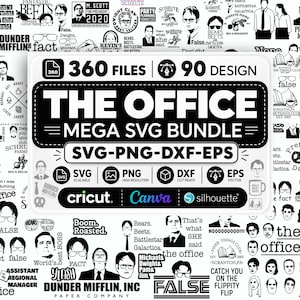 May include: A collection of black and white graphics and text elements related to the TV show "The Office." Includes character portraits, quotes, and phrases. The central design reads "THE OFFICE MEGA SVG BUNDLE."