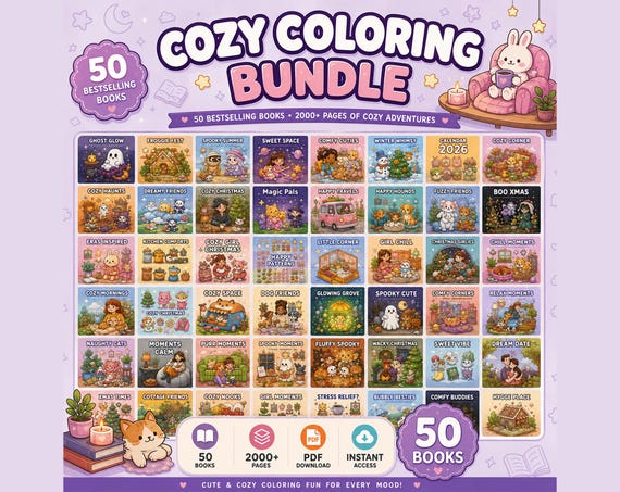 50 Cozy Coloring Books Bundle, 2000+ Coloring Pages PDF, Bold Easy Coloring Book, Cute Kawaii Coloring Pages,Printable Adult Coloring Bundle