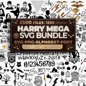 May include: A collection of black and white Harry Potter-themed SVG designs. The image features various illustrations, including characters, symbols, and text elements. A central banner reads "HARRY MEGA SVG BUNDLE" with design details and software compatibility.