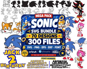Sonic SVG-paket, Sonic PNG Clipart, Sonic SVG-filer för Cricut, Sonic Mega Pack, Tecknad SVG-paket, Silhouette Cut-filer, Sonic-typsnitt
