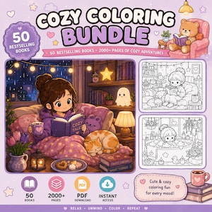 50 Cozy Coloring Books Bundle, 2000+ Coloring Pages PDF, Bold Easy Coloring Book, Cute Kawaii Coloring Pages,Printable Adult Coloring Bundle image 2