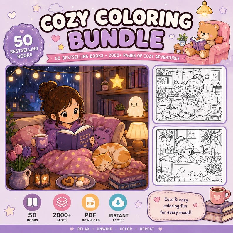 50 Cozy Coloring Books Bundle, 2000+ Coloring Pages PDF, Bold Easy Coloring Book, Cute Kawaii Coloring Pages,Printable Adult Coloring Bundle image 2