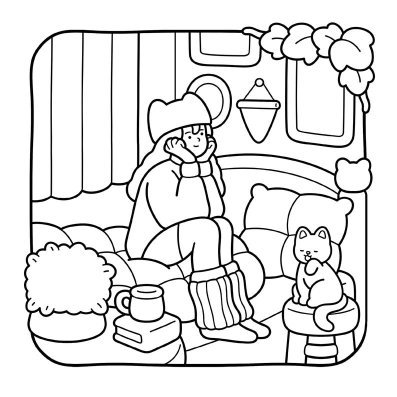 May include: A black and white line art illustration featuring a person wearing a cat-ear hat, sitting on a cushioned surface with a mug and a book. A small cat sits on a stool nearby, with decorative wall elements and foliage in the background.