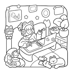 May include: A black and white line art illustration of a person wearing cat-ear headphones, sitting at a desk with a laptop and drawing tablet. The scene includes a potted plant, a bowl of snacks, a sleeping cat, and a clock showing 08:00.
