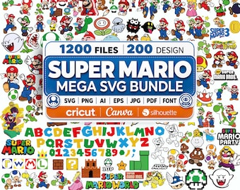 Super Mario SVG-paket, karaktärer, alfabet, speldesigner (digital nedladdning)
