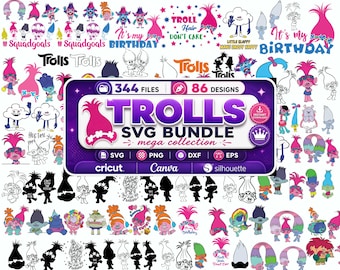 Trolls SVG-paket, Trolls PNG-filer för Cricut, Barnfödelsedagströjor, Tecknad Fest SVG, Utskrivbart Clipart-paket, Festdekorationer