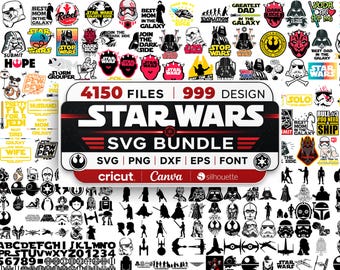 Star Wars SVG-paket 4150-filer, Star Wars PNG, Darth Vader SVG, Stormtrooper Clipart, Cricut Silhouette Cut-filer, Star Wars-typsnitt