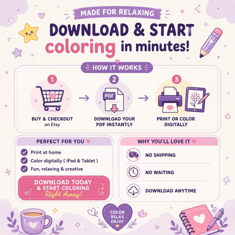 50 Cozy Coloring Books Bundle, 2000+ Coloring Pages PDF, Bold Easy Coloring Book, Cute Kawaii Coloring Pages,Printable Adult Coloring Bundle image 8