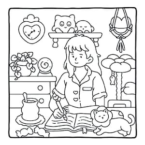 May include: A black and white line art illustration of a person writing in an open journal at a desk. The scene includes a heart-shaped clock, a potted plant, a crystal ball, a cat tree, a small lion-like creature, and a mug with a spoon.