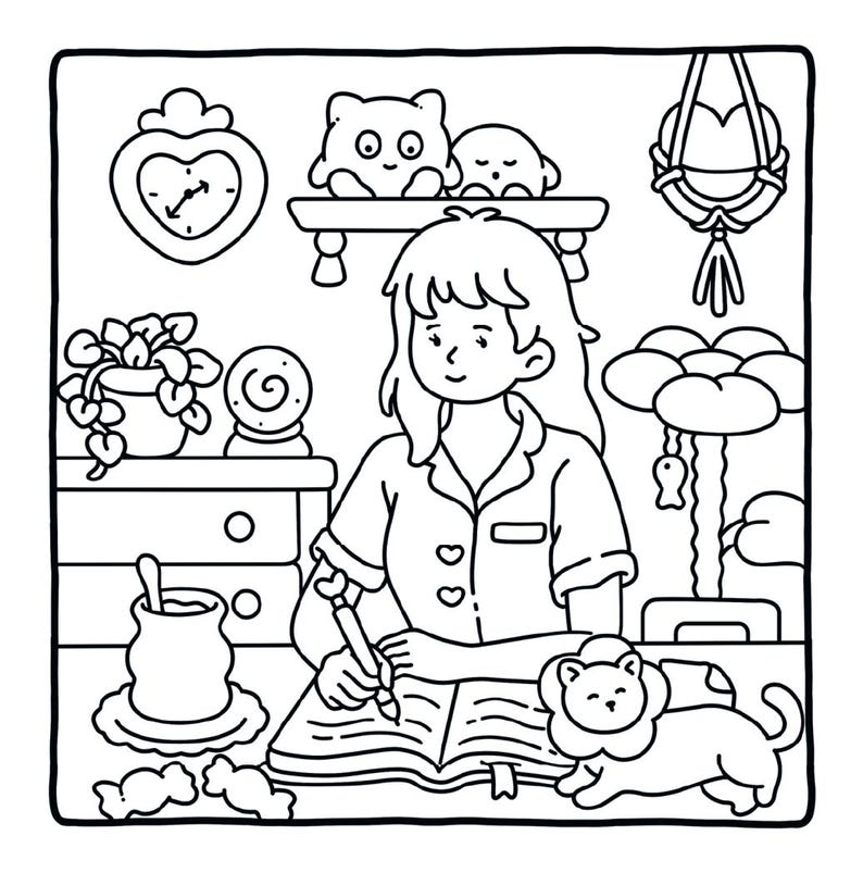May include: A black and white line art illustration of a person writing in an open journal at a desk. The scene includes a heart-shaped clock, a potted plant, a crystal ball, a cat tree, a small lion-like creature, and a mug with a spoon.