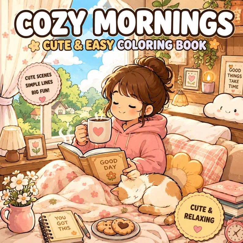 May include: A coloring book titled COZY MORNINGS CUTE & EASY COLORING BOOK featuring an illustration of a person in a pink hoodie reading a book with a cat, a mug with a heart, a flower vase, and text including YOU GOT THIS and GOOD DAY.