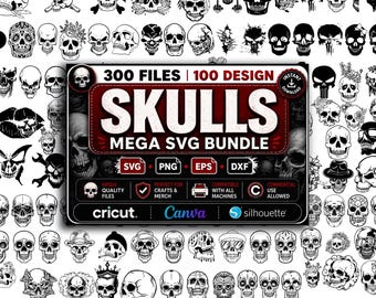 Dödskalle SVG-paket, Dödskalle PNG-filer, Gotisk Dödskalle Cricut-paket, Halloween-Dödskalle SVG, Skeletthuvud-klippfiler, Mörka Tatueringsdesigner