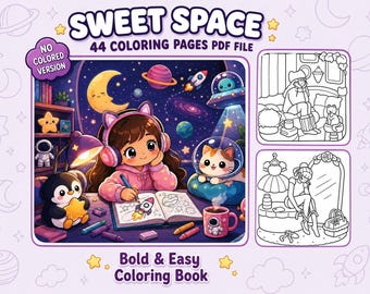 Sweet Space Coloring Book, Cozy Space Coloring, Space Coloring Pages for Kids, Cute Kawaii Coloring Book, Bold Easy Coloring Pages